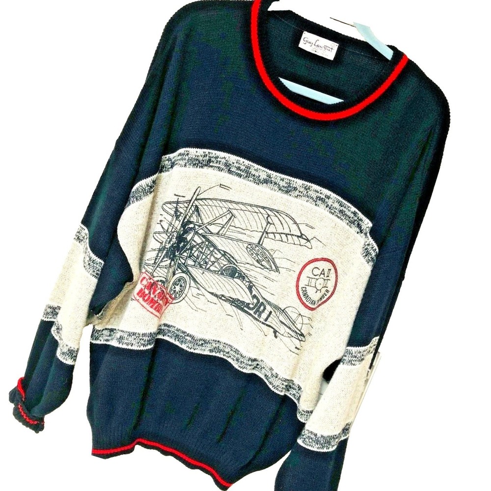 Guy Laurent Mens Canadian Bomber Sweater L Aircraft CA II Italian Preppy Vintage